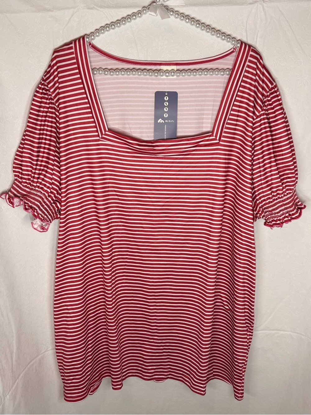 Square-Neck Red & White Striped Puff Sleeve Tee